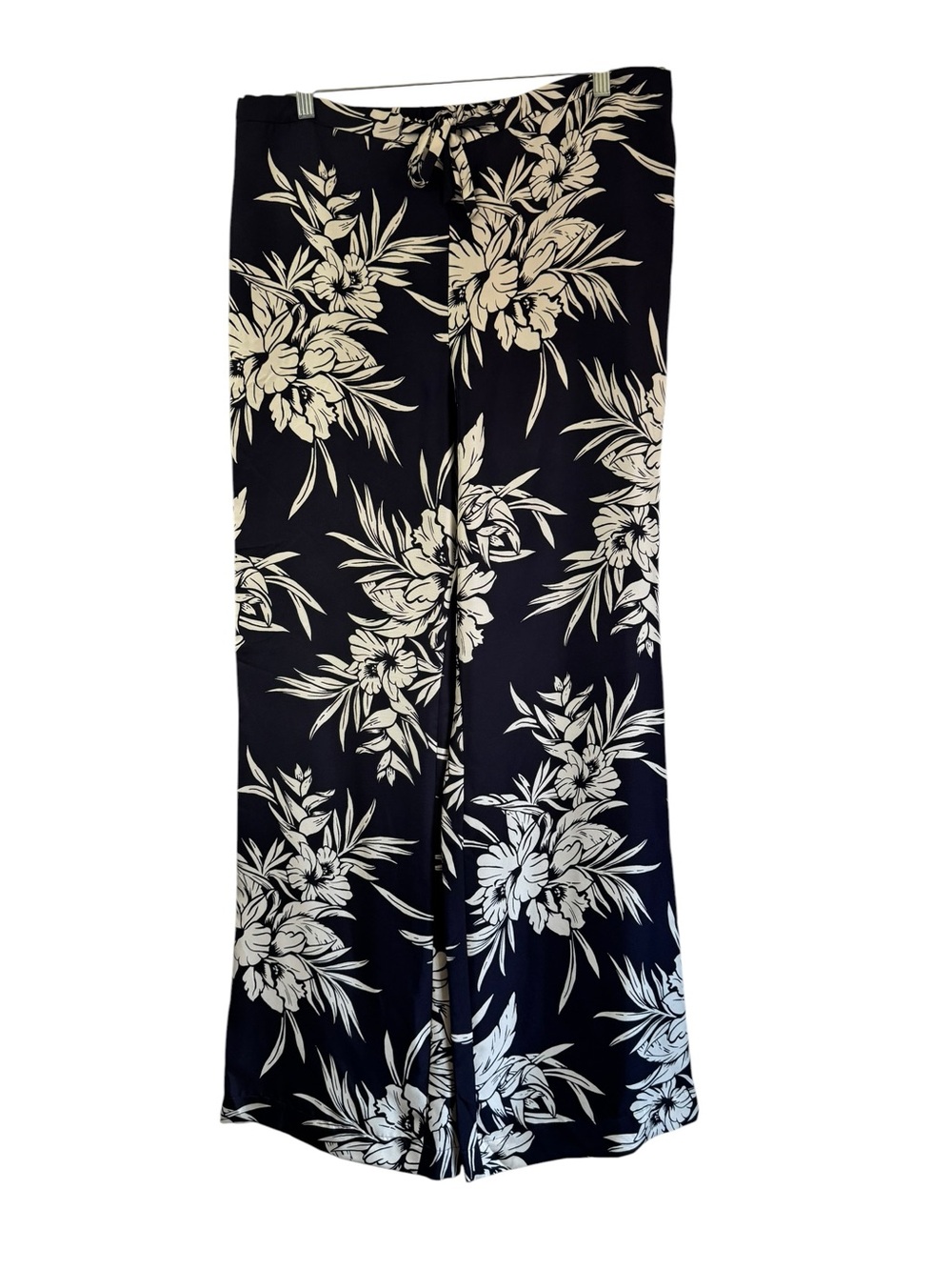Worth New York USA Navy Floral Print 100% Silk Wide Leg Trousers Pant Pockets L